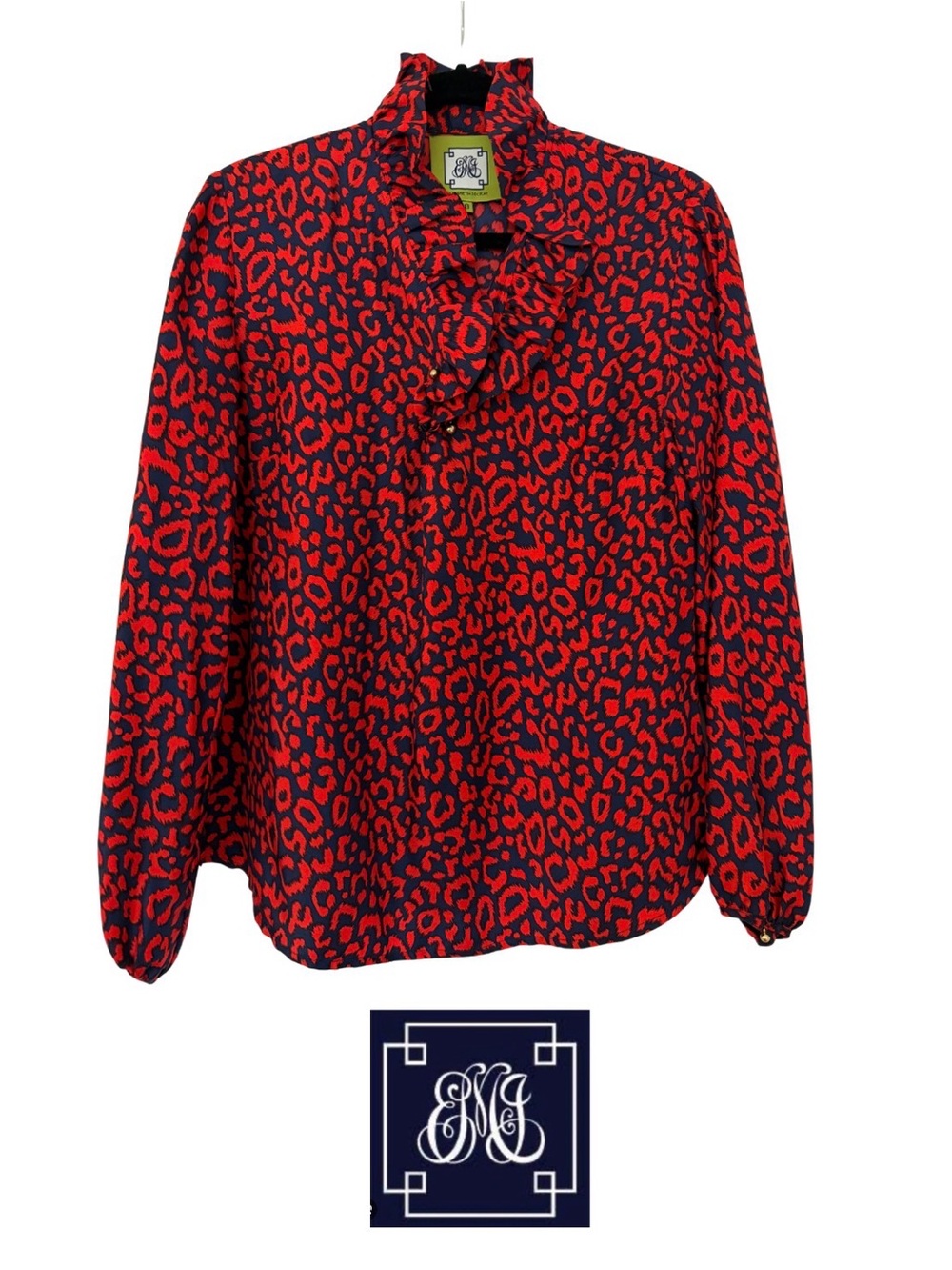 Elizabeth McKay Red Silk Leopard Animal Print Blouse with ruffled collar Size 8.